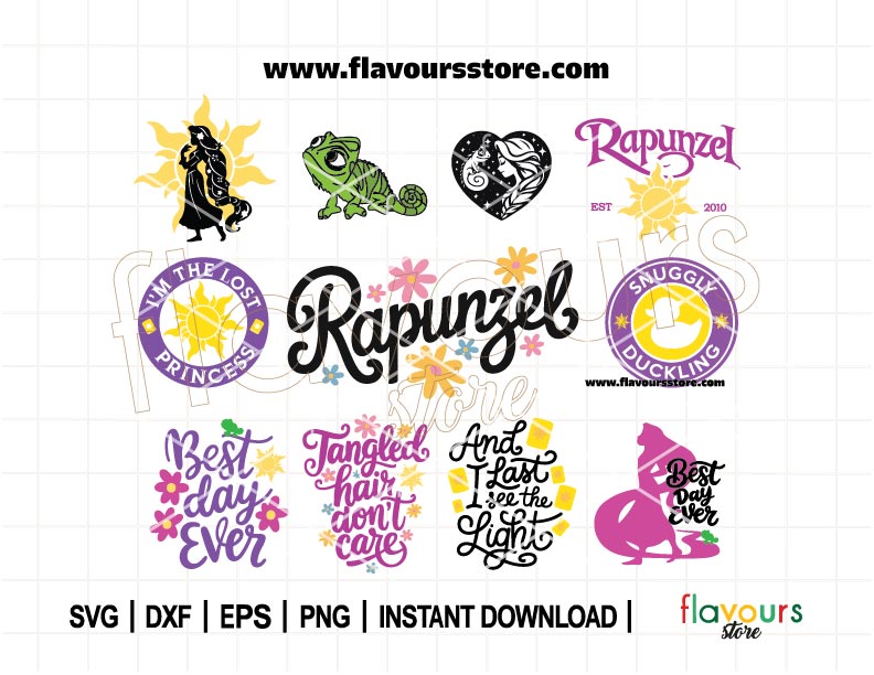 Rapunzel and Pascal Tangled SVG Bundle for Cricut, featuring Disney princess cut files for DIY crafts and sublimation