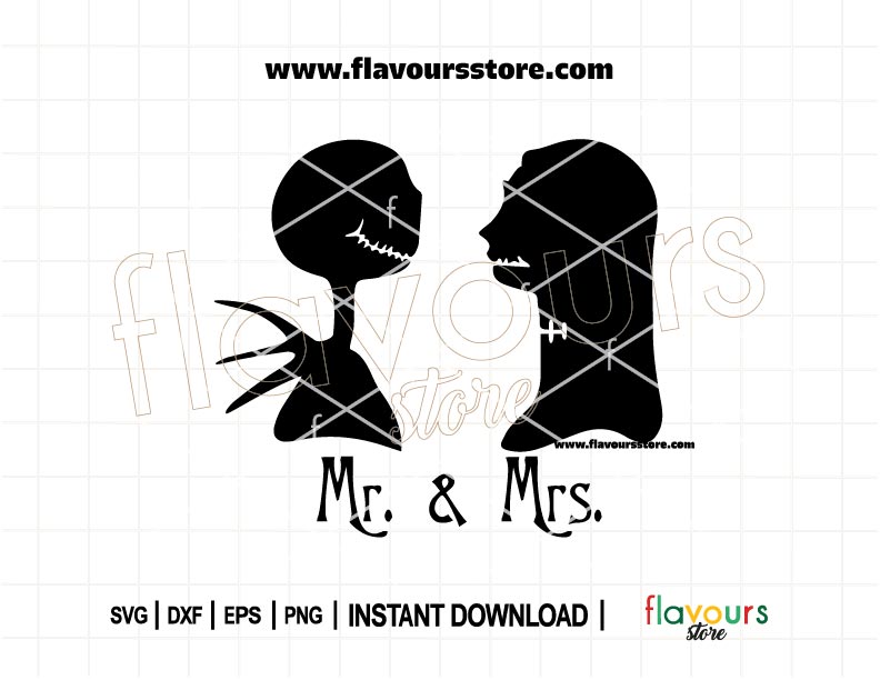 Jack and Sally Mr & Mrs SVG design for Cricut and Silhouette, perfect for Halloween-themed weddings, couple shirts, and Disney lovers’ DIY projects.