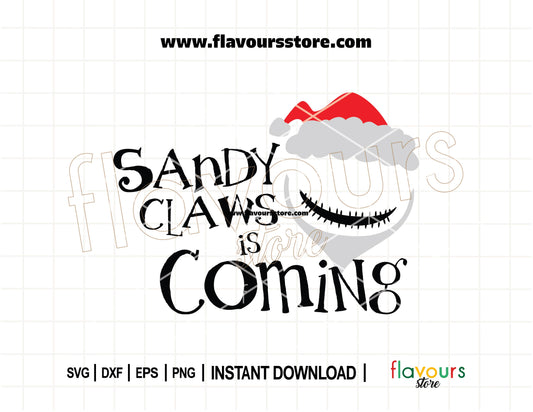 Sandy Claws Is Coming SVG featuring Jack Skellington in Santa costume, perfect for Nightmare Before Christmas holiday crafts with Cricut and Silhouette