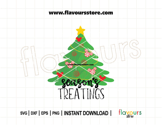 Disney-style Christmas tree SVG made of festive treats with the phrase "Season’s Treatings" – perfect for holiday crafting and Cricut designs