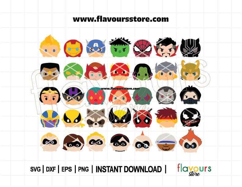 Adorable superhero character SVG bundle with kawaii-style designs for Cricut and Silhouette projects like kids' t-shirts, stickers, and gifts.