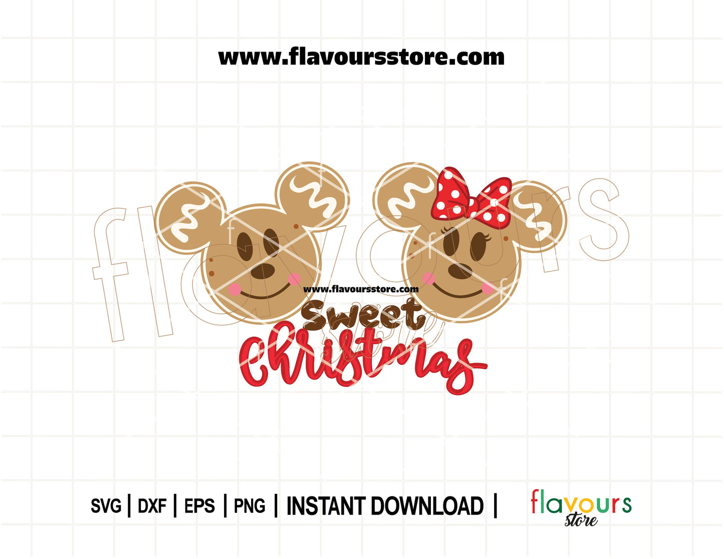 Digital SVG of Mickey and Minnie gingerbread cookie ears with festive decorations, perfect for Christmas Cricut crafts, shirts, mugs, and holiday decor
