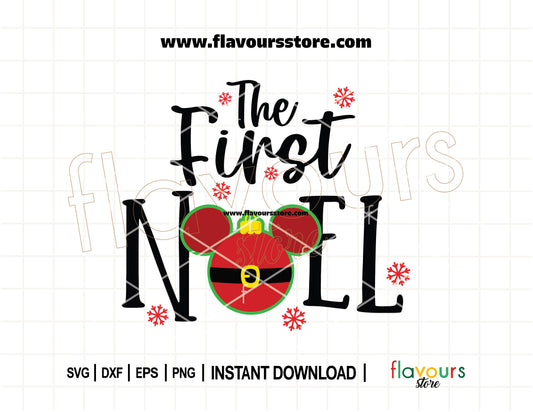 Mickey Mouse Christmas ornament SVG featuring “The First Noel” text, designed for Cricut and Silhouette holiday crafts and Disney-themed decorations