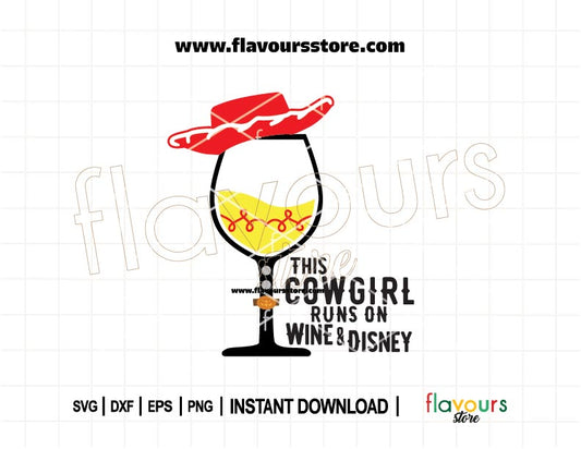 "This Cowgirl Runs on Wine and Disney" SVG cut file with Jessie-inspired design, perfect for Cricut shirts, tumblers, and DIY gifts for Disney moms.