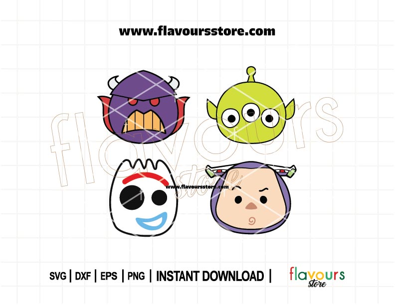 Cute Toy Story character face SVG bundle for Cricut and Disneyland shirts – includes Woody, Buzz, Jessie, and Alien designs.