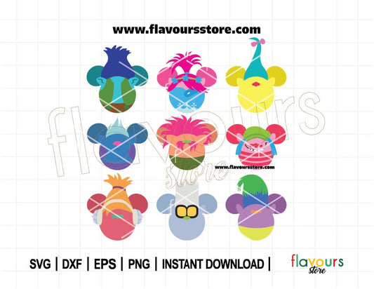 Trolls World SVG Bundle, Poppy & Branch Ears Cut Files for Cricut, Mouse Head Ears, Perfect for Trolls Fans