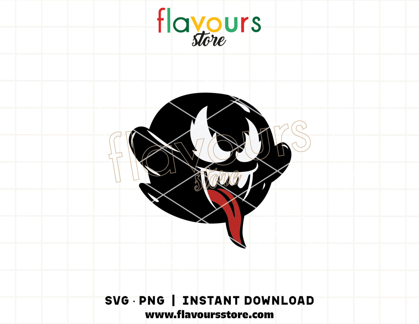 Venom Ghost mashup SVG cut file for Cricut, featuring retro gaming ghost character with symbiote villain eyes and tongue, high-resolution PNG for digital crafting.