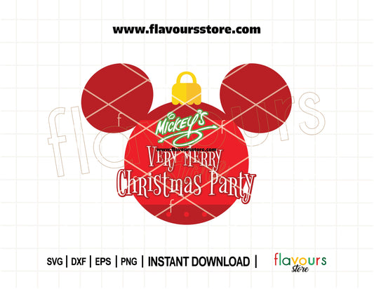Festive Mickey Mouse ornament SVG with "Very Merry Christmas" text, perfect for holiday Cricut and Silhouette projects like shirts, mugs, and decorations.