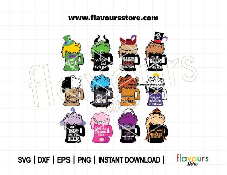 Villains Beer Mug Quotes Bundle SVG, Drinking World, Beer Mug Bundle, Glass Cup Svg, Cartoon Characters, SVG Cut File For Cricut