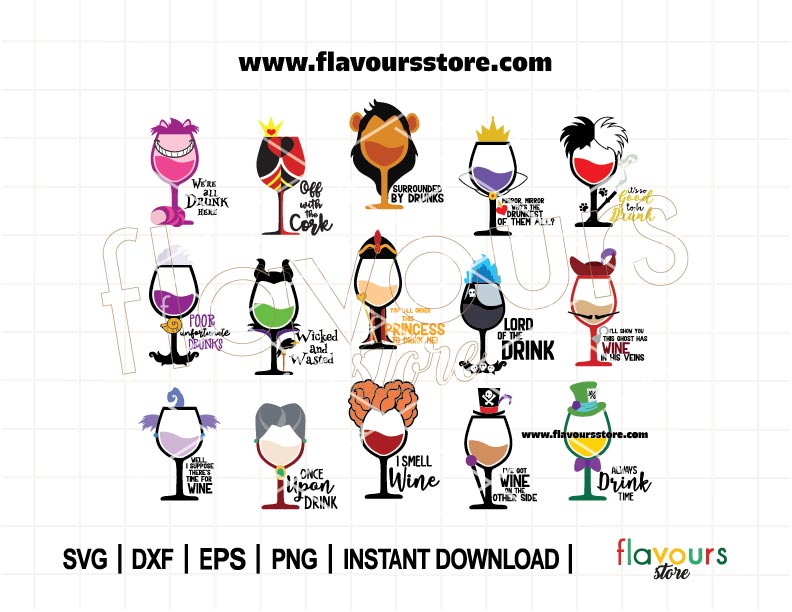 Villains Wine Quotes Glass Bundle SVG, Drinking World, Wine Glasses Bundle, Glass Cup Svg, Cartoon Characters, SVG Cut File For Cricut