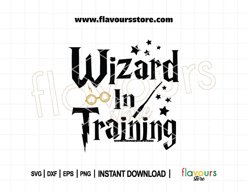 Magical “Wizard in Training” SVG design with whimsical symbols like stars, wand, and spell elements — perfect for Cricut projects and theme park outfits.