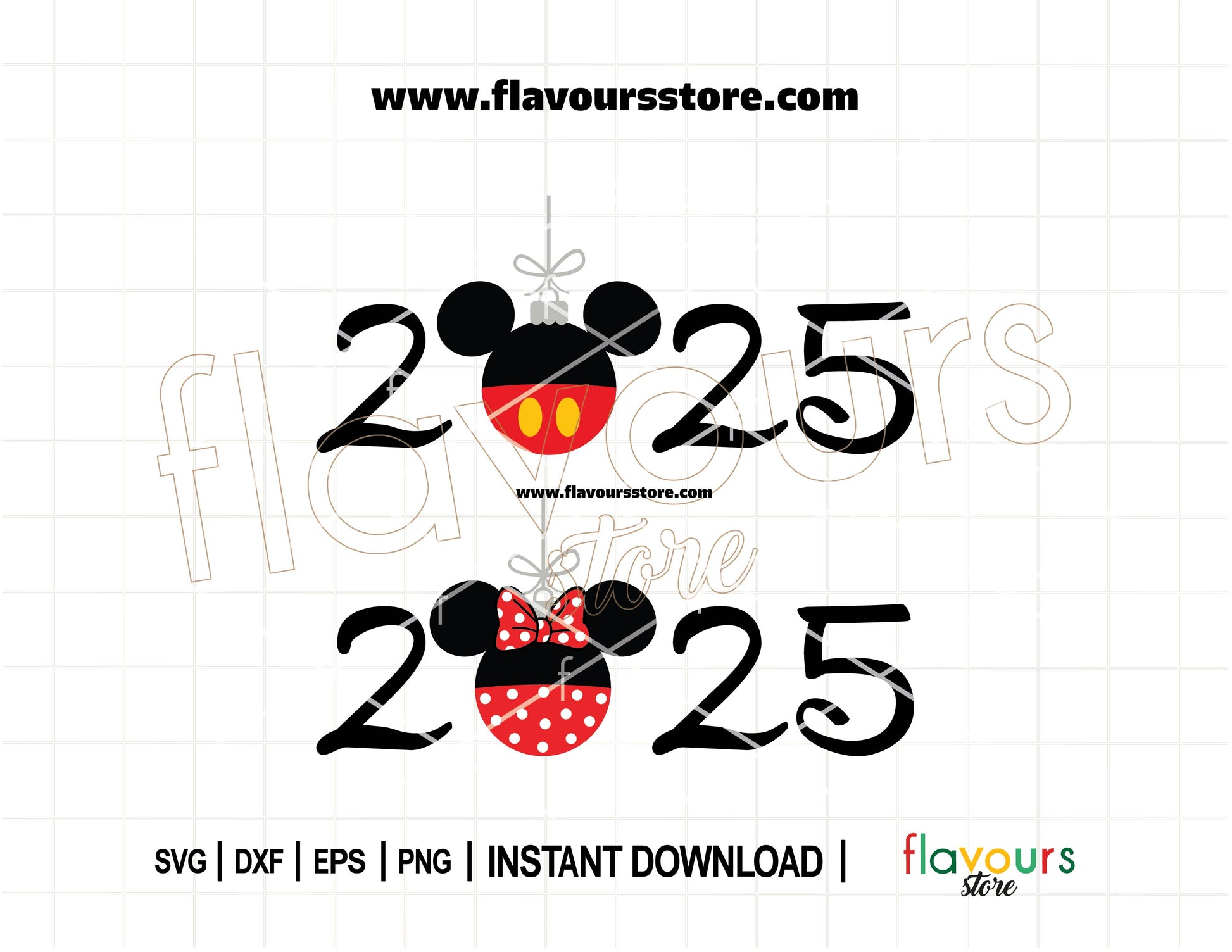 Festive Mickey and Minnie Mouse Christmas ornament SVG file with holiday-themed designs for Cricut and Silhouette crafts.