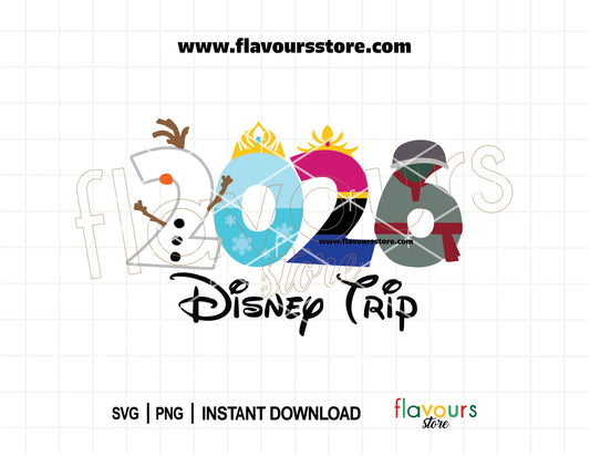 2026 Frozen inspired ice princess Disney trip SVG design for matching shirts and Cricut cutting machines