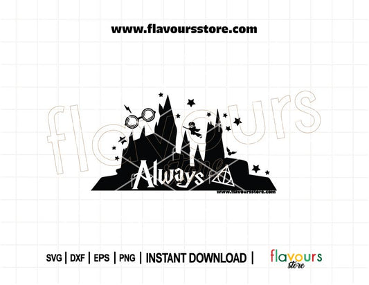 “Always” text with silhouette of Hogwarts Castle SVG, Harry Potter-themed cut file for Cricut and Silhouette crafts