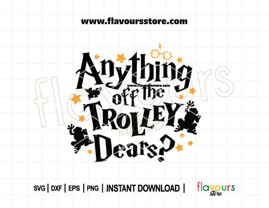 Anything Off the Trolley SVG featuring Chocolate Frog and wizarding sweets – perfect for Harry Potter birthday crafts and Cricut projects