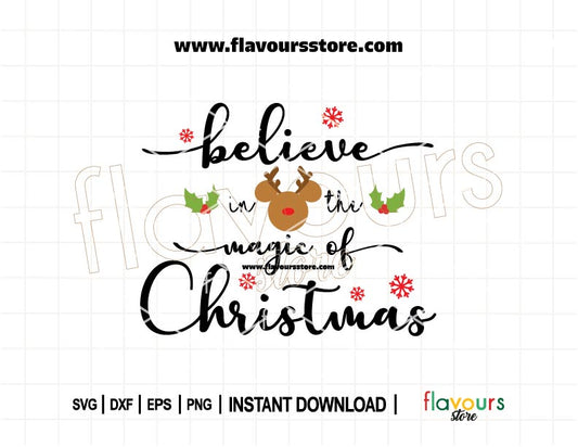 Festive SVG design with Mickey-shaped reindeer ears and the phrase “Believe in the Magic of Christmas,” decorated with holiday lights, ideal for Cricut crafting.