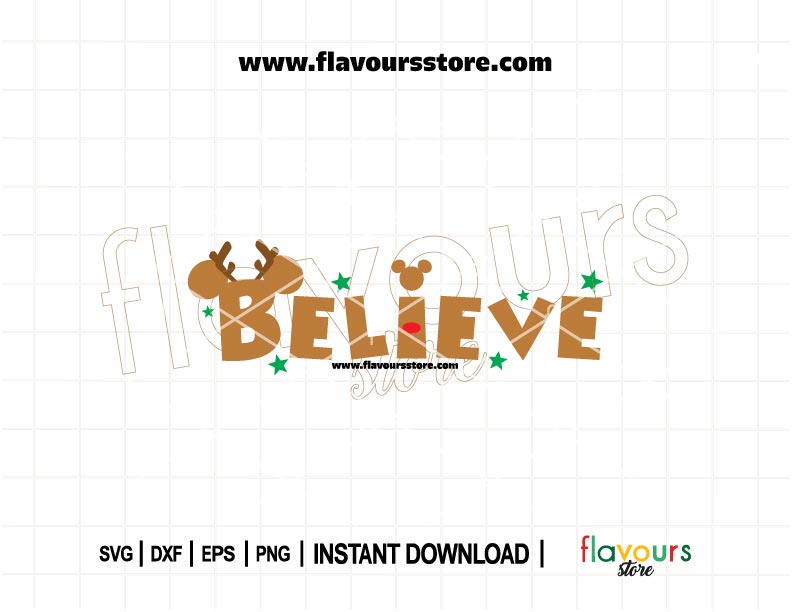 Christmas SVG design with reindeer ears and “Believe” word art, ideal for Cricut and Silhouette holiday crafting projects.