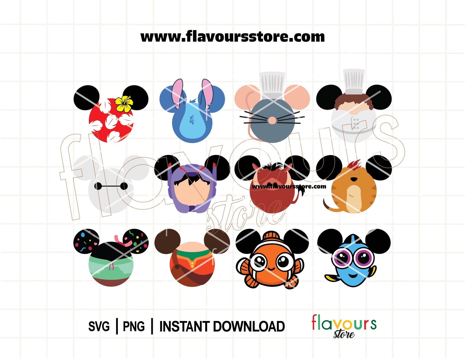Best friends SVG bundle with Disney-inspired mouse ears featuring Baymax, Ralph, Stitch, Pumbaa and Timon designs for Cricut and Silhouette