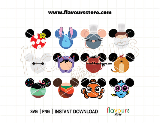 Best friends SVG bundle with Disney-inspired mouse ears featuring Baymax, Ralph, Stitch, Pumbaa and Timon designs for Cricut and Silhouette