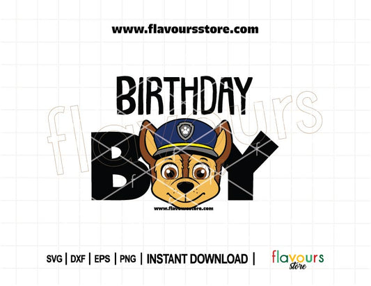Birthday Boy Chase from Paw Patrol in cartoon SVG style for Cricut and Silhouette birthday crafts and kids shirts