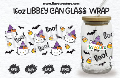 16oz Libbey Can Cup Wrap | Libbey Wrap Svg | Boo Hello Kitty Witch Halloween Svg