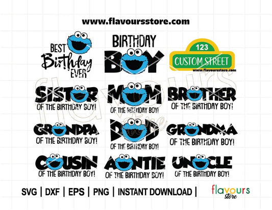 Cookie Monster Birthday Boy SVG Bundle featuring Sesame Street-inspired designs for Cricut and Silhouette projects