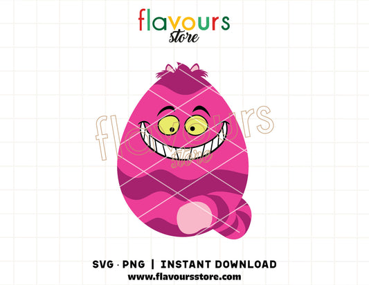 Cheshire Cat Easter Egg SVG cut file featuring Alice in Wonderland cartoon design for Cricut and Silhouette projects