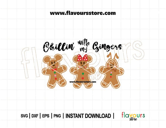 Adorable SVG design featuring gingerbread Mickey, Minnie, and Pluto with the phrase “Chillin’ with My Gingers” — perfect for Disney-themed holiday shirts and crafts.