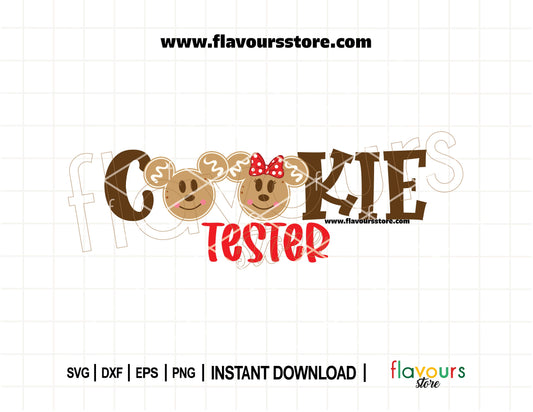 SVG cut file of Mickey and Minnie gingerbread ears with the words "Cookie Tester" in festive Christmas style, designed for Cricut and Silhouette holiday crafts.