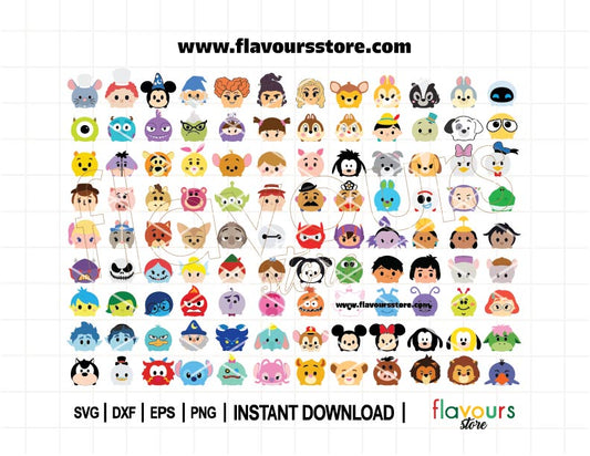 100+ adorable Tsum Tsum-style cartoon characters SVG bundle for Cricut and Silhouette crafts, perfect for shirts, mugs, and DIY projects.