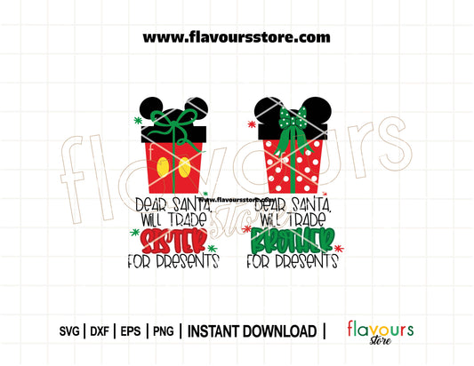 Funny Christmas SVG design with “Dear Santa, Will Trade Sister/Brother for Presents” text, ideal for kids’ holiday shirts using Cricut or Silhouette.