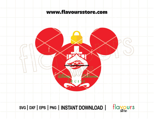 Digital SVG cut file of a Christmas-themed cruise ship shaped like a Mickey Mouse head – designed for Disney holiday ornaments and cruise crafts.