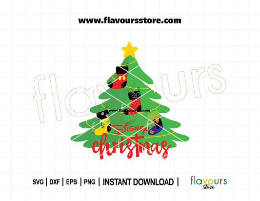 Disney Christmas tree with stockings featuring Mickey, Minnie, Pluto, and Goofy – festive SVG cut file for Cricut holiday projects.