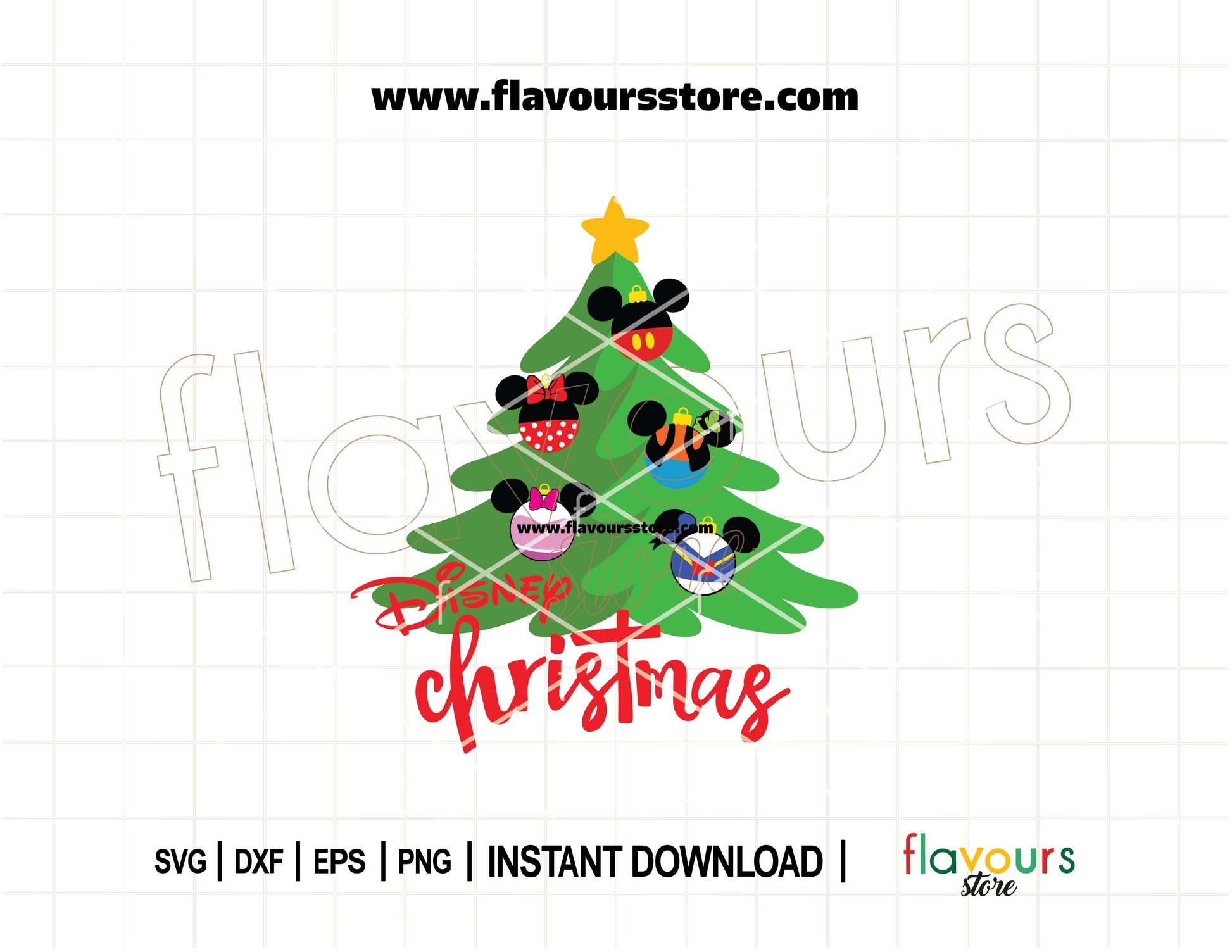 Festive Disney-inspired Christmas tree SVG with mouse characters and ornaments, designed for Cricut and Silhouette holiday crafts.