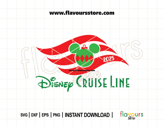 Festive Disney Cruise SVG design featuring a Christmas ornament ball with mouse ears and nautical flag for holiday crafts with Cricut or Silhouette.