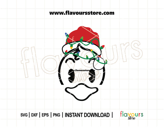 Festive SVG of Donald Duck wearing a Santa hat wrapped in Christmas lights – ideal for holiday crafts, Disney shirts, mugs, and Cricut projects.