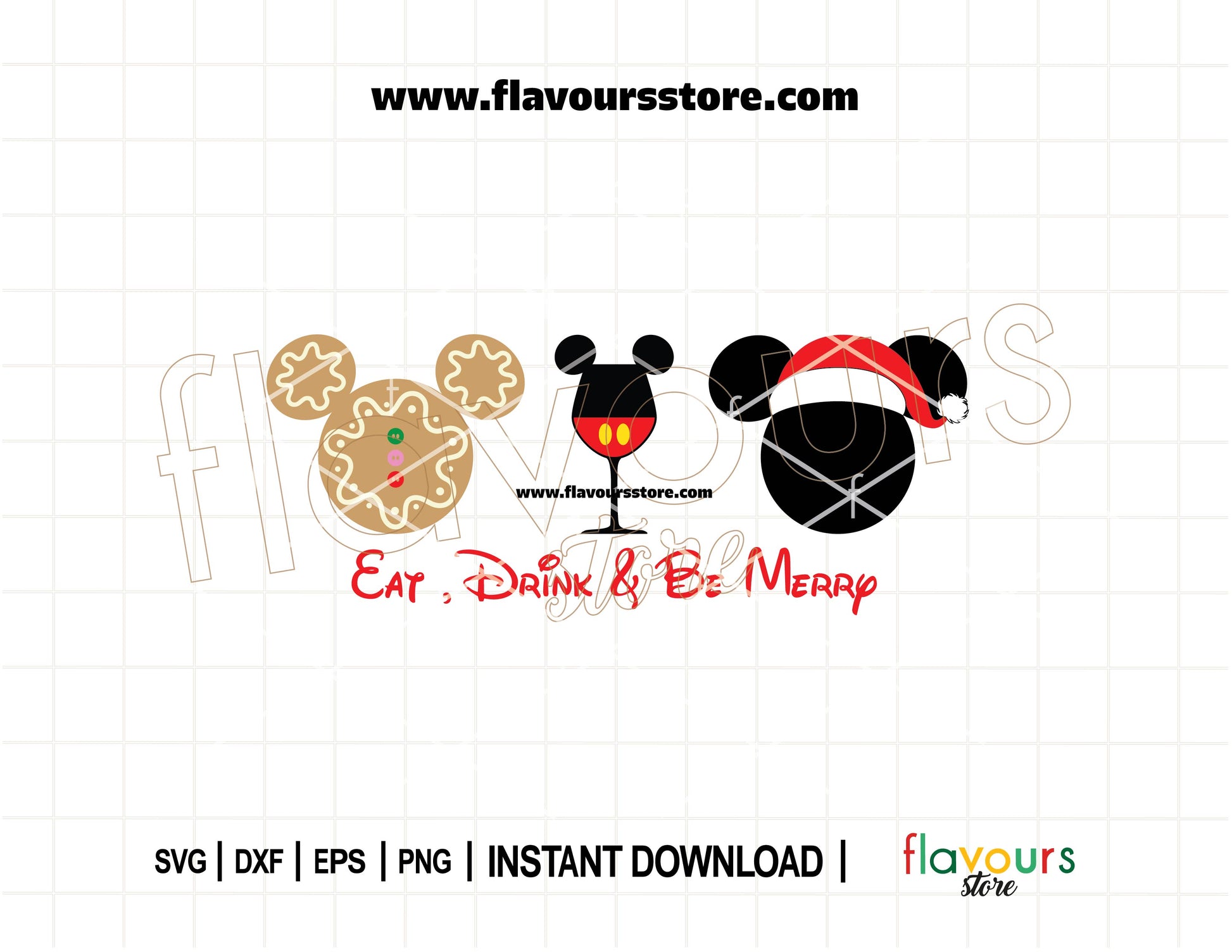 Festive Christmas SVG with the quote "Eat, Drink, and Be Merry" Minnie Mouse ears, perfect for Disney-themed shirts, mugs, and holiday crafts.