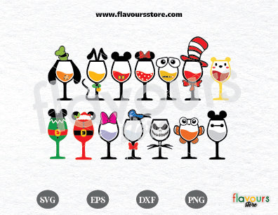 Mickey Minnie Wine Glass BUNDLE SVG, Drinking World, Wine Glasses Bundle, Glass Cup Svg, Cartoon Characters, Wine Clip Art, SVG Cut File For Cricut