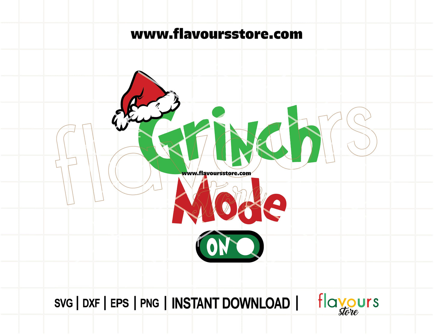 Bold, fun “Grinch Mode On” text SVG in green and red, ideal for Christmas shirts, mugs, and other holiday crafts with Cricut or Silhouette.