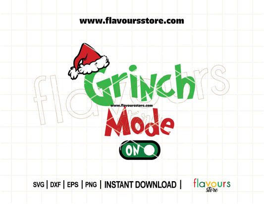 Bold, fun “Grinch Mode On” text SVG in green and red, ideal for Christmas shirts, mugs, and other holiday crafts with Cricut or Silhouette.