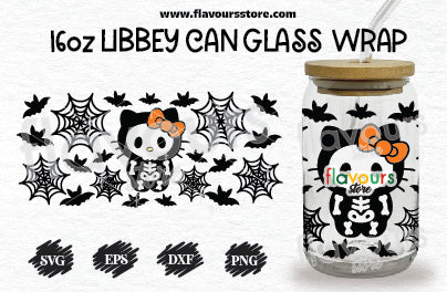 Hello Kitty Skeleton Halloween Svg, 16oz Libbey Can Cup Wrap, Libbey Wrap Svg