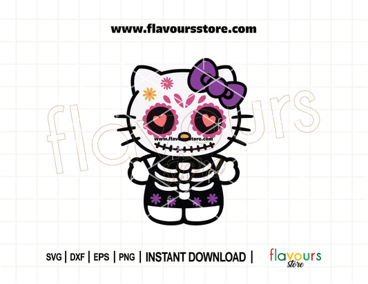 Day of the Dead Hello Kitty SVG – Kawaii skeleton cat Dia de los Muertos cut file for Cricut and Silhouette crafts