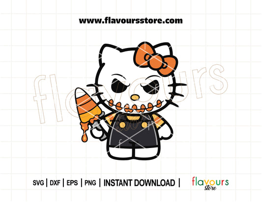 Spooky Hello Kitty Halloween SVG holding a knife, creepy cute cut file for Cricut and Silhouette Halloween crafts like shirts, mugs, bags, and party decor.