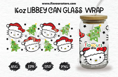 16oz Libbey Can Cup Wrap | Libbey Wrap Svg | Hello Kitty Santa Christmas Tree Svg