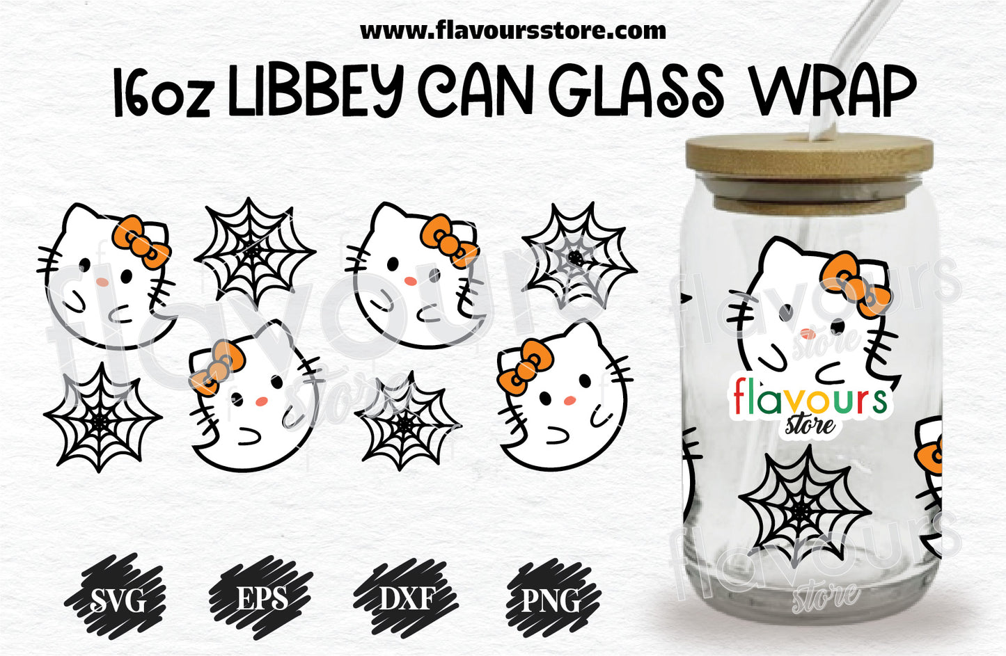 Hello Kitty Ghost, Halloween Spiderwebs Svg, 16oz Libbey Can Cup Wrap, Libbey Wrap Svg