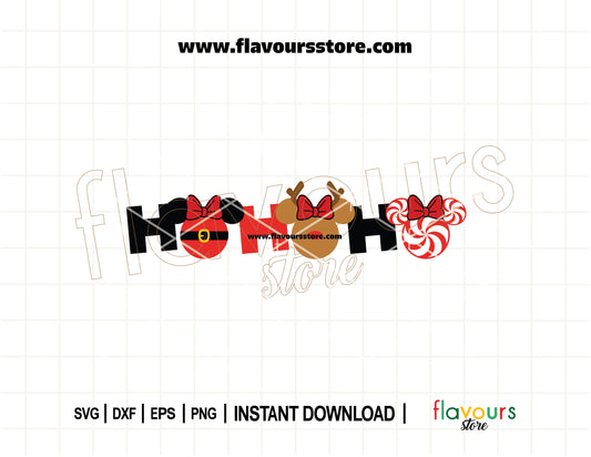 Ho Ho Ho SVG with Minnie ears styled as Santa, reindeer, and peppermint bow for Christmas Cricut crafts and DIY gifts.