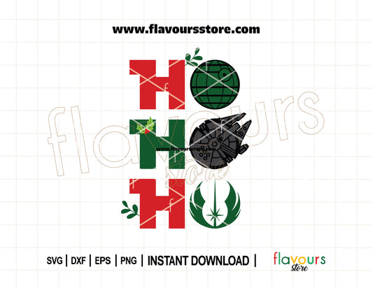 "Ho Ho Ho Star Wars-themed Christmas SVG cut file with holiday elements for Cricut and Silhouette DIY projects."