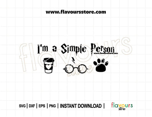 “I'm a Simple Person” SVG featuring paw prints, coffee cup, and wizard-themed elements for Cricut and Silhouette projects.