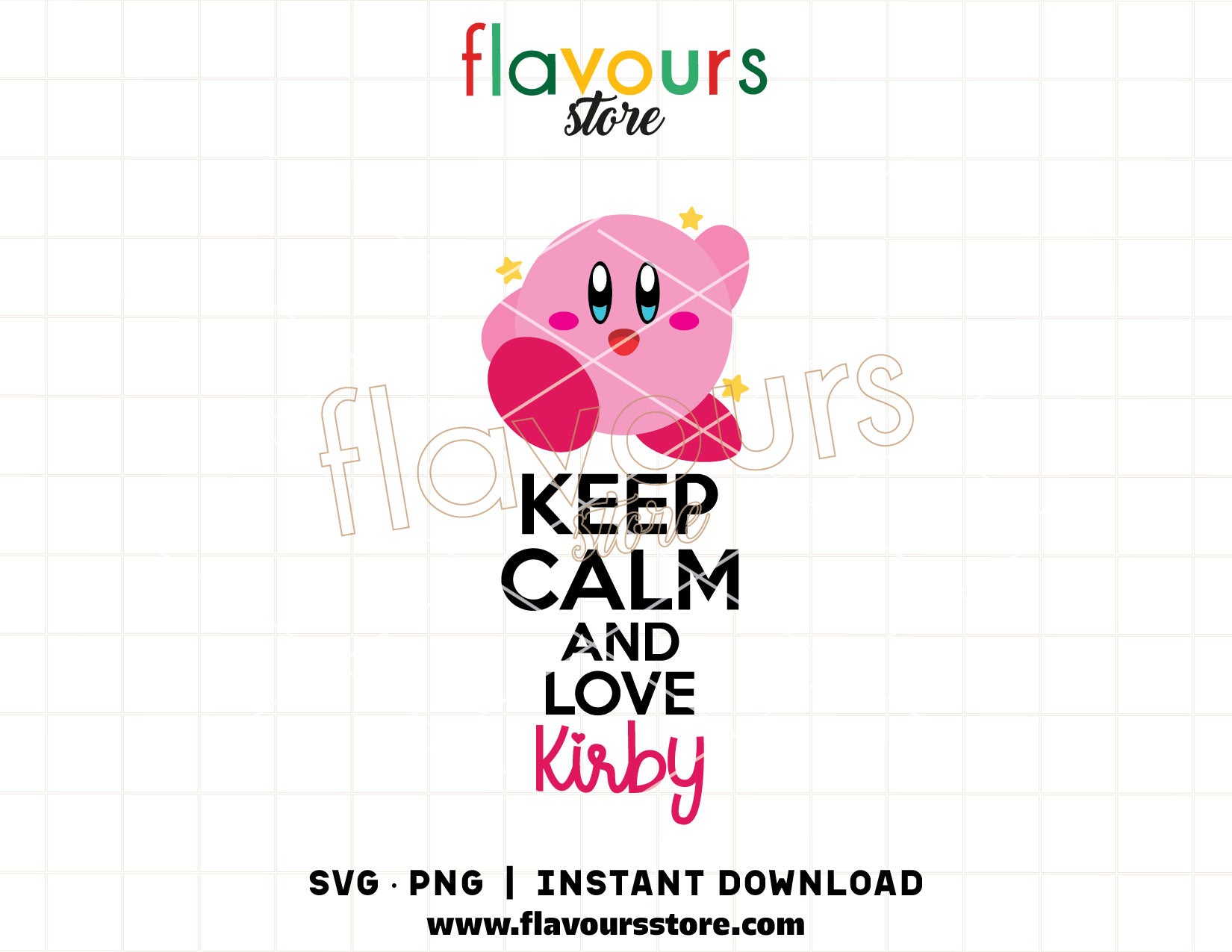Keep Calm and Love Kirby SVG cut file for Cricut, featuring a cute pink character silhouette and bold typography, high-resolution PNG for wholesome gaming crafts.