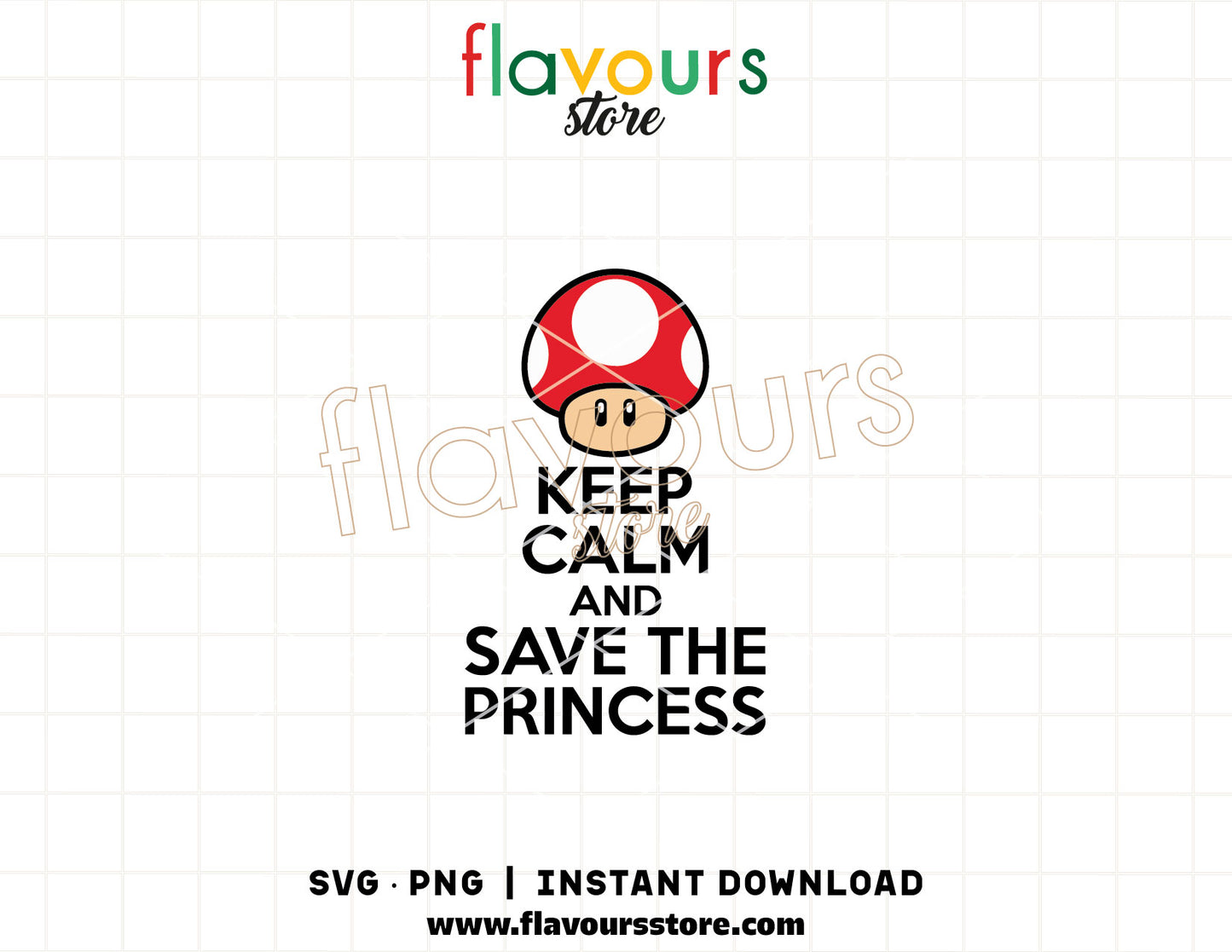 Keep Calm and Save the Princess SVG cut file for Cricut, featuring classic video game crown icon and bold typography, high-resolution PNG for retro gaming apparel.